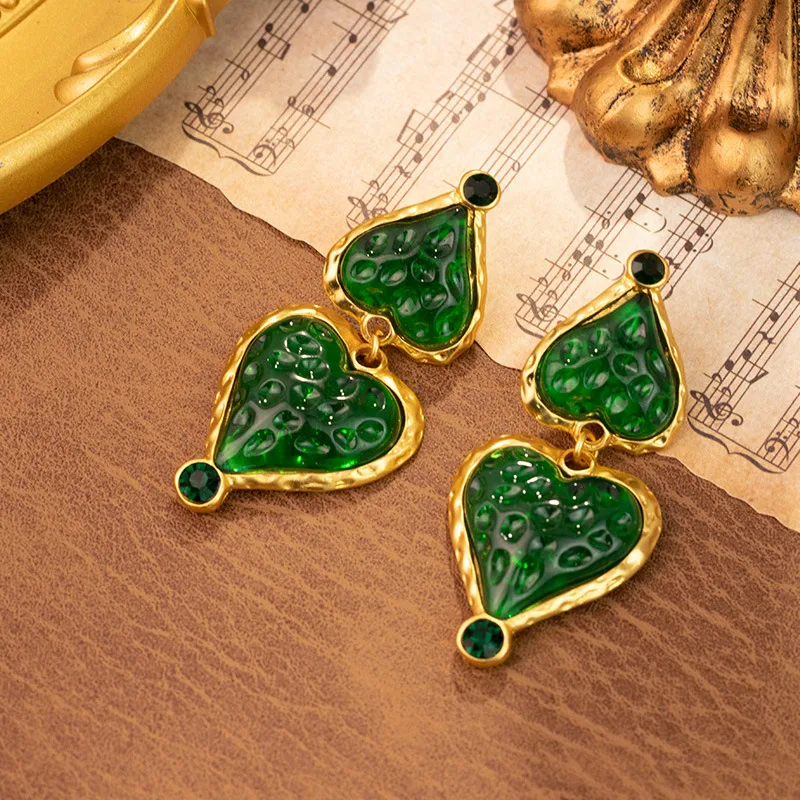 Green Heart Dangler Earrings